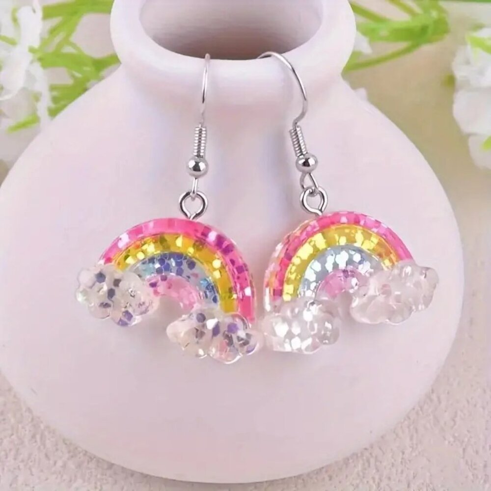 Boho Festival Rainbow Colored Glitter Bling Dangle Earrings